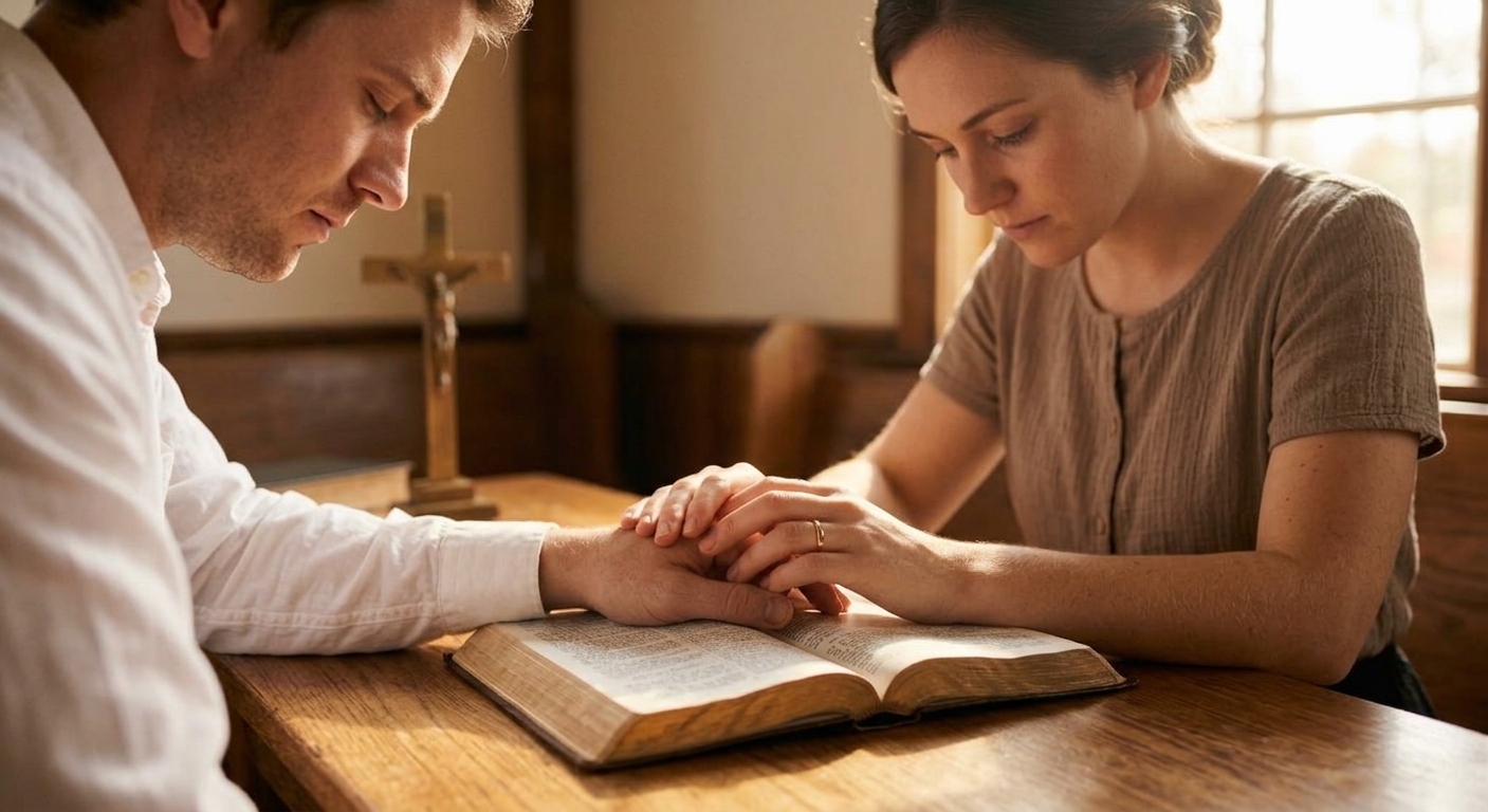 Casal cristão orando junto à Bíblia